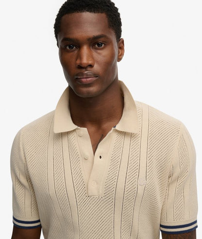 Superdry Knitted Texture Short Sleeve Polo Shirt Oatmeal Beige