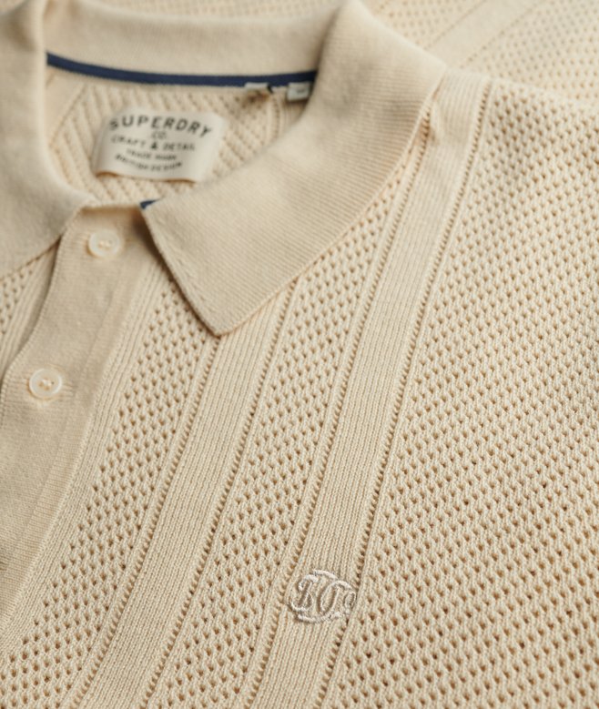 Superdry Knitted Texture Short Sleeve Polo Shirt Oatmeal Beige