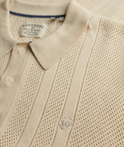 Superdry Knitted Texture Short Sleeve Polo Shirt Oatmeal Beige