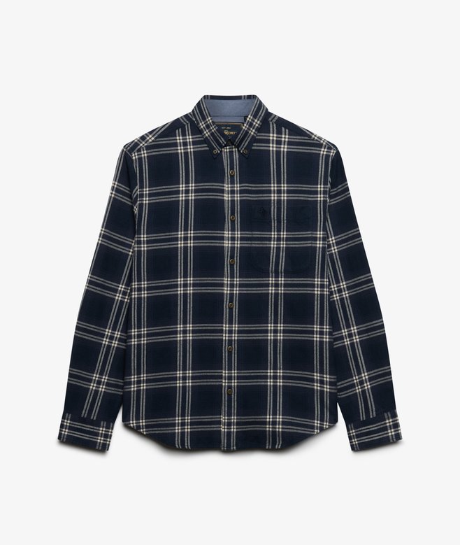 Superdry Long Sleeve Cotton Lumberjack Shirt Navy Window Check. Mens casual shirt in Relaxed fit with Single collar with button fastening and a single chest pocket that's Lightly brushed material Material: 100% Organic Cotton