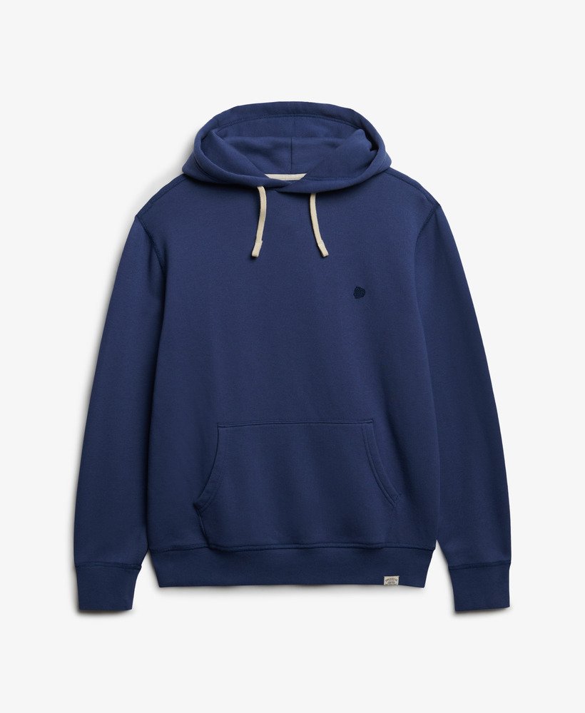 Superdry Monogram Embroidered Hoodie Hampton Blue mens Relaxed fit with Drawstring overhead hood design a Large front pocket and ribbed trims and Embroidered logo on breast and logo tab on hem 60% Cotton & 40% Recycled Polyester Blue hoodie on a white background