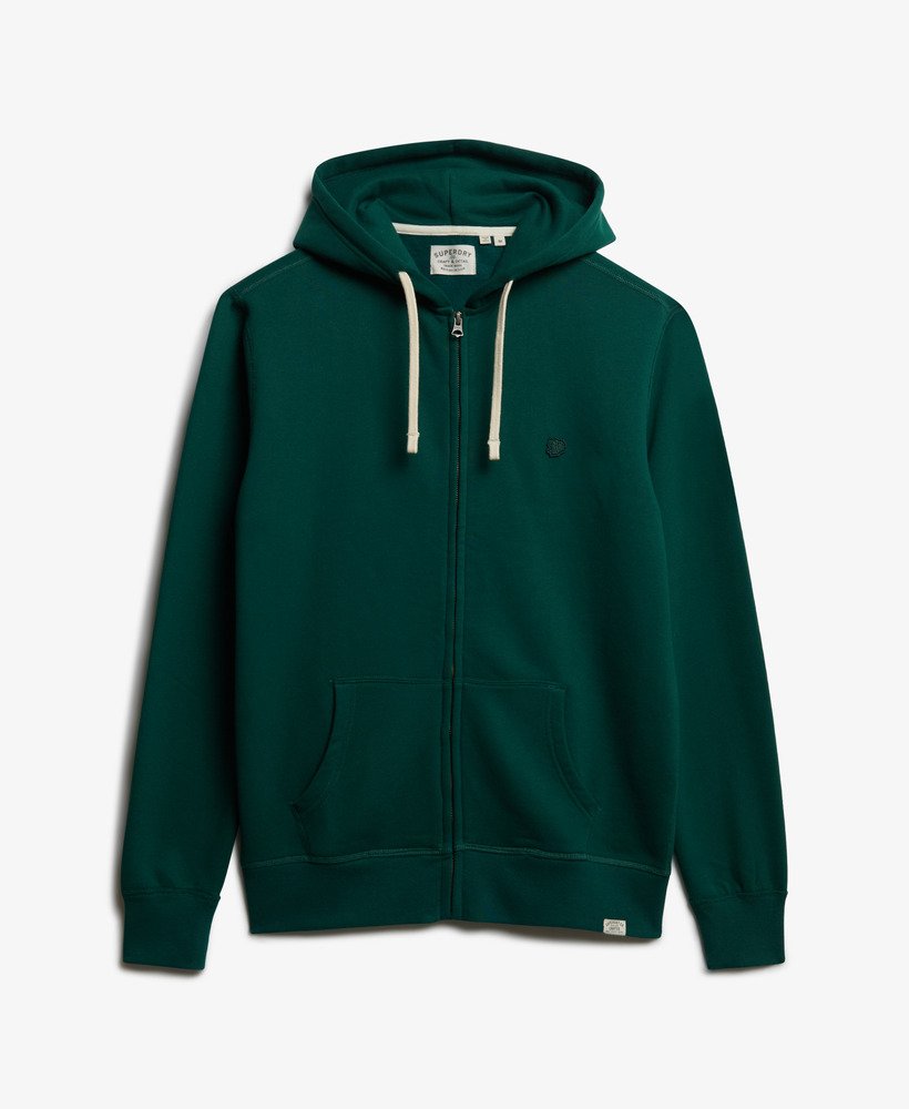 Superdry Monogram Embroidered Zip Hoodie Varsity Green mens Relaxed fit with Ribbed cuffs and hem and Zip fastening with Two front pockets that has Small embroidered badge on chest and Superdry60% Cotton & 40% Recycled Polyester Green hoodie with a brand logo on a light gray background
