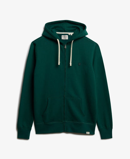 Superdry Monogram Embroidered Zip Hoodie Varsity Green mens Relaxed fit with Ribbed cuffs and hem and Zip fastening with Two front pockets that has Small embroidered badge on chest and Superdry60% Cotton & 40% Recycled Polyester Green hoodie with a brand logo on a light gray background