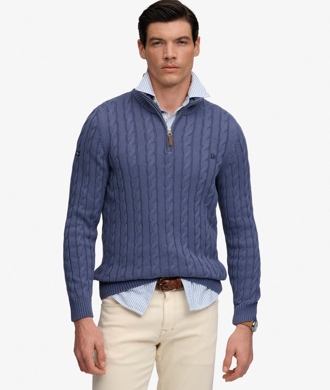Superdry Preppy Cotton Cable Half Zip Jumper Soft Navy. Men's Slim fit jumper with Cable knit and Half-zip including Ribbed collar, cuffs and hem Material: 100% Organic Cotton