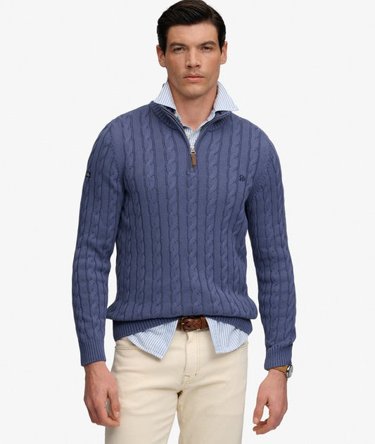 Superdry Preppy Cotton Cable Half Zip Jumper Soft Navy. Men's Slim fit jumper with Cable knit and Half-zip including Ribbed collar, cuffs and hem Material: 100% Organic Cotton