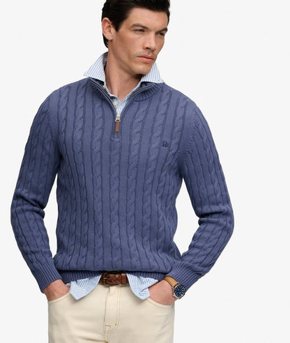 Superdry Preppy Cotton Cable Half Zip Jumper Soft Navy. Men's Slim fit jumper with Cable knit and Half-zip including Ribbed collar, cuffs and hem Material: 100% Organic Cotton