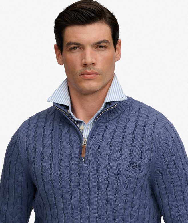 Superdry Preppy Cotton Cable Half Zip Jumper Soft Navy. Men's Slim fit jumper with Cable knit and Half-zip including Ribbed collar, cuffs and hem Material: 100% Organic Cotton