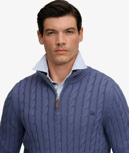 Superdry Preppy Cotton Cable Half Zip Jumper Soft Navy. Men's Slim fit jumper with Cable knit and Half-zip including Ribbed collar, cuffs and hem Material: 100% Organic Cotton