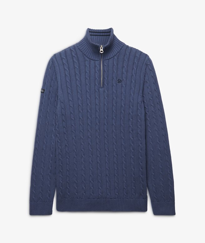 Superdry Preppy Cotton Cable Half Zip Jumper Soft Navy. Men's Slim fit jumper with Cable knit and Half-zip including Ribbed collar, cuffs and hem Material: 100% Organic Cotton