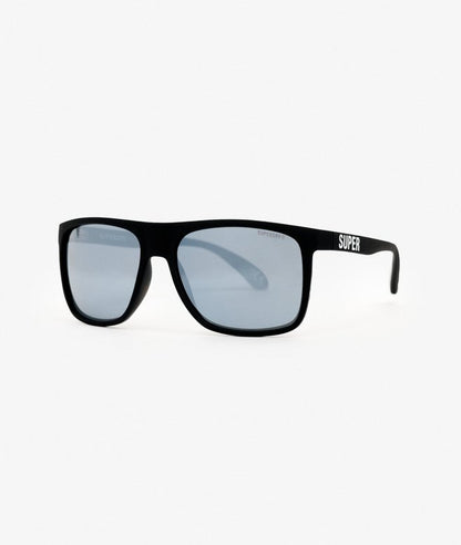 Superdry Square Sports Sunglasses Matte Black / Mirror Lens Laser-etched logo on lens Branded arms Laser-etched logo on lens Drawstring storage pouch Presentation box Filter Category - Category 3, general purpose with high protection against sun glare and good UV protection Colour: Matte Black / Mirror Lens Black sunglasses with a visible brand logo on a white background