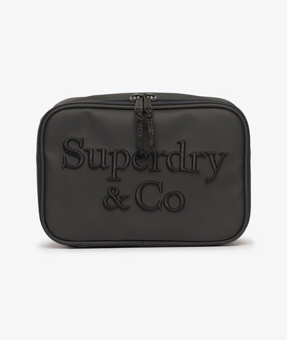 Superdry Travel Wash Bag Black. Wash bag with Top handle and Zip sealed plastic compartment with Internal zip pocket and Mesh fabric laid on pockets Material: 100% Polyester