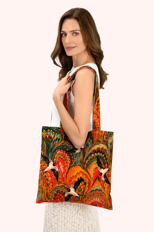 Powder Marbled Swallows Velvet Tote Bag
