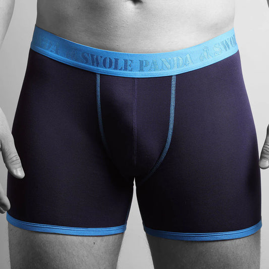 Swole Panda Bamboo Boxers Navy/Blue Mens Underwear Fitted bamboo boxers combine comfort and style. Material: 95% Moso Bamboo & 5% Elastane Knitted from the softes blue boxer briefs with blue waistband and trim on a gray background