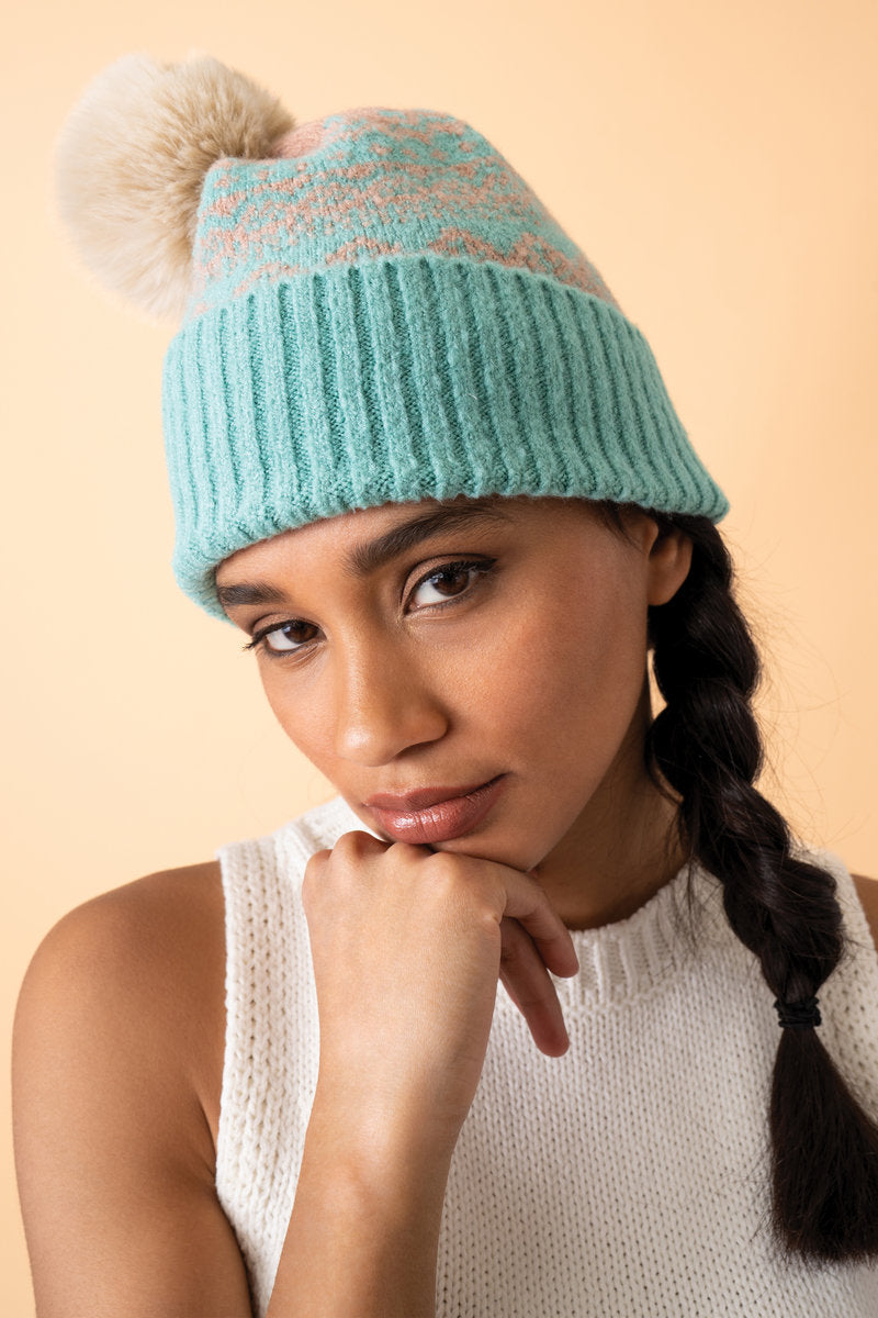 Powder Hat Powder Clothing Powder Thora Bobble Hat Aqua & Taupe Womens Beanie