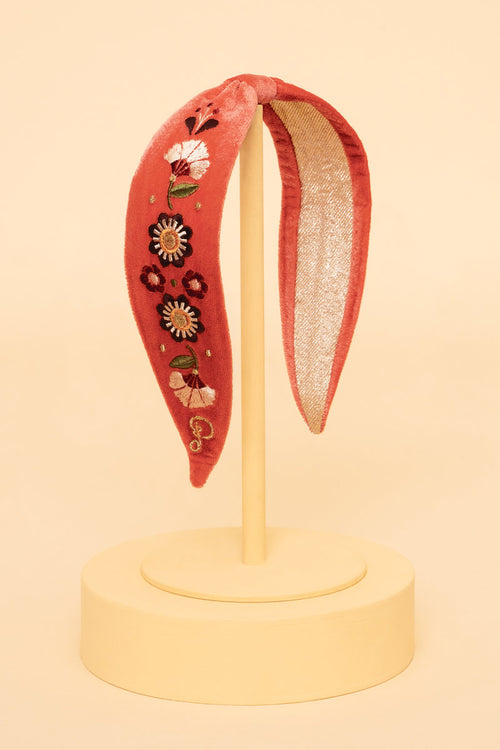Powder Velvet Embroidered Narrow Headband Art Deco Floral Tangerine