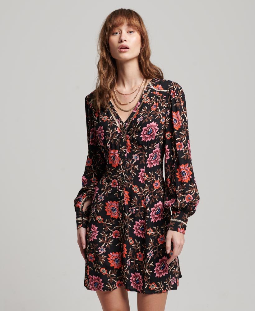 Womens Tea Dress Superdry Dress Superdry Tea Dress Superdry Printed V-Neck Mini Tea Dress Mori Floral Brown