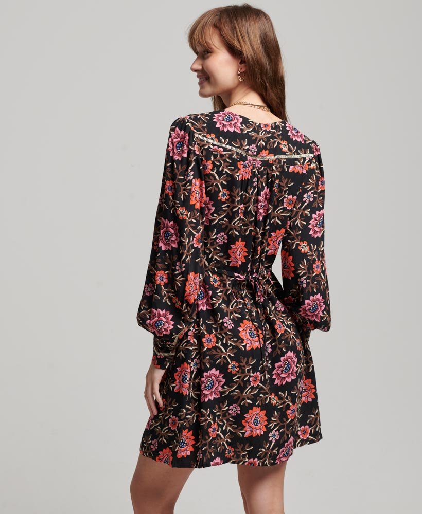 Superdry Printed V-Neck Mini Tea Dress Mori Floral Brown