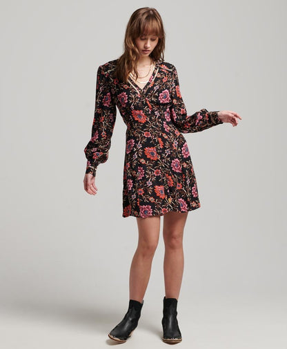 Superdry Printed V-Neck Mini Tea Dress Mori Floral Brown