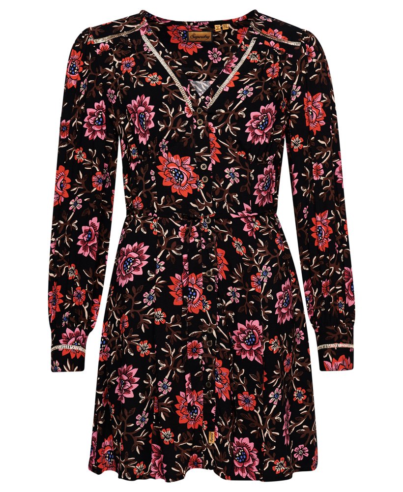 Superdry Printed V-Neck Mini Tea Dress Mori Floral Brown