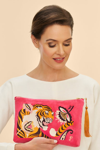 Powder Velvet Embroidered Zip Pouch Thrill of the Tiger