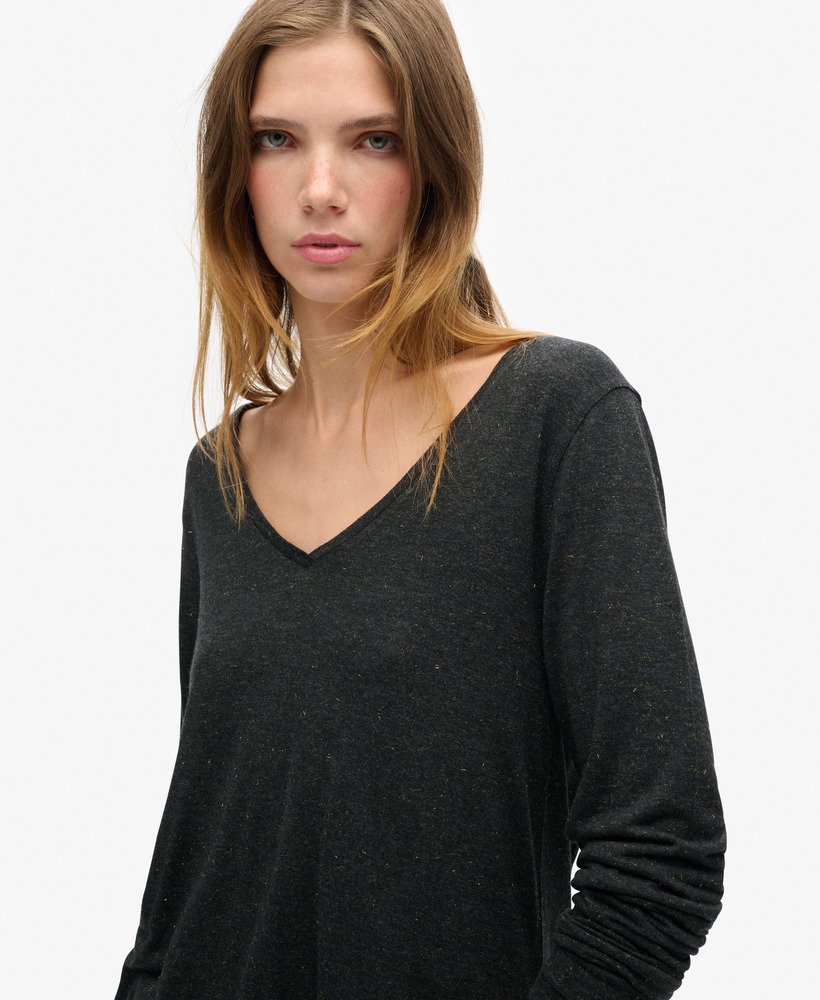 Superdry Long Sleeve Jersey V-Neck Top Black Metallic