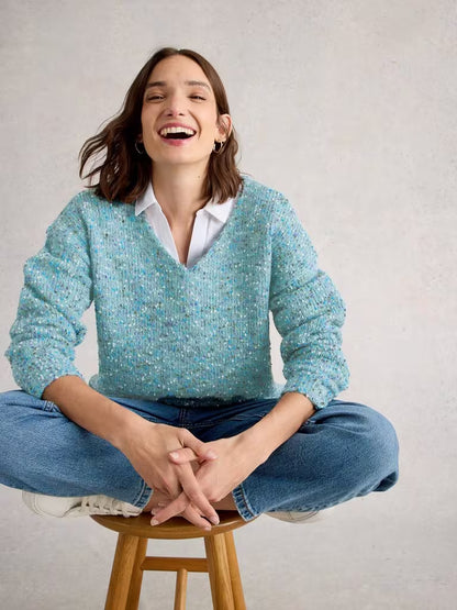 White Stuff Texture V Neck Mid Blue