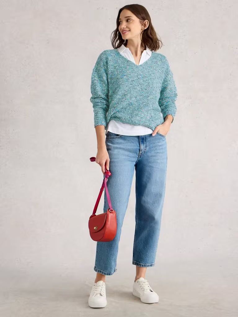 White Stuff Texture V Neck Mid Blue