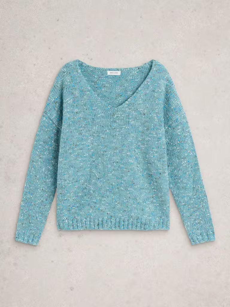 White Stuff Texture V Neck Mid Blue