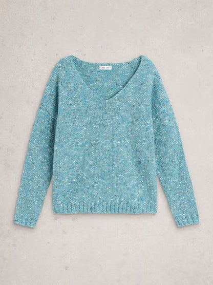 White Stuff Texture V Neck Mid Blue