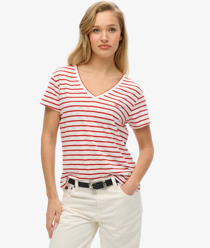 Superdry t-shirt Superdry Clothing Superdry Studio Slub Embroidered V-Neck T-Shirt Varsity Red/Optic Stripe