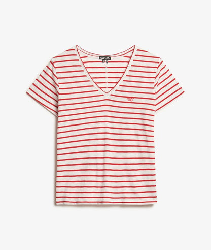 Superdry Studio Slub Embroidered V-Neck T-Shirt Varsity Red/Optic Stripe