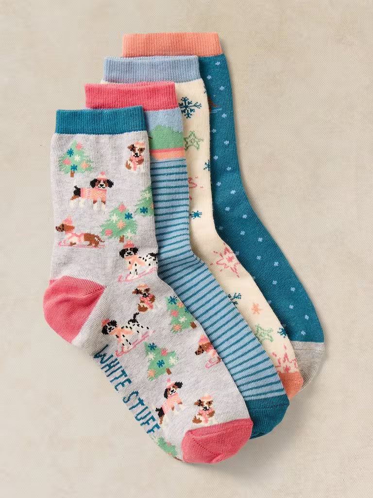 White Stuff 4 Pack Christmas Sausage Socks Teal Multi