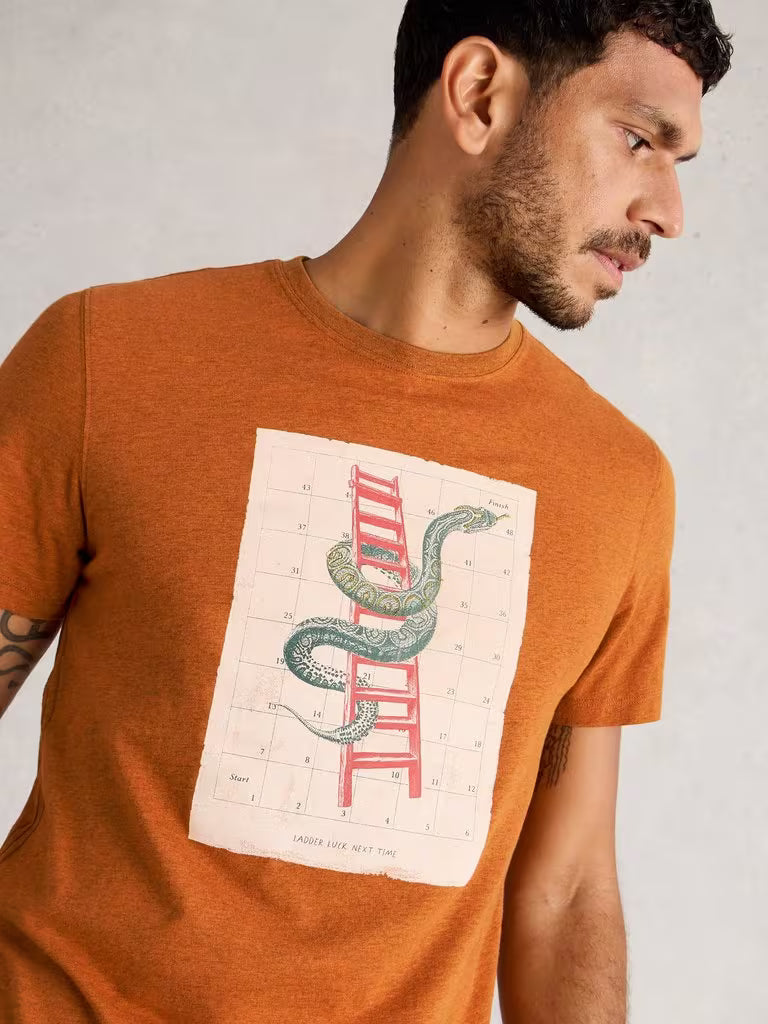 White Stuff Abersoch Graphic Boardgame Mens Tshirt Material: 100% Cotton with a Crew Neck and Short Sleeve that's Regular Fit and Machine Washable Colour: Orange