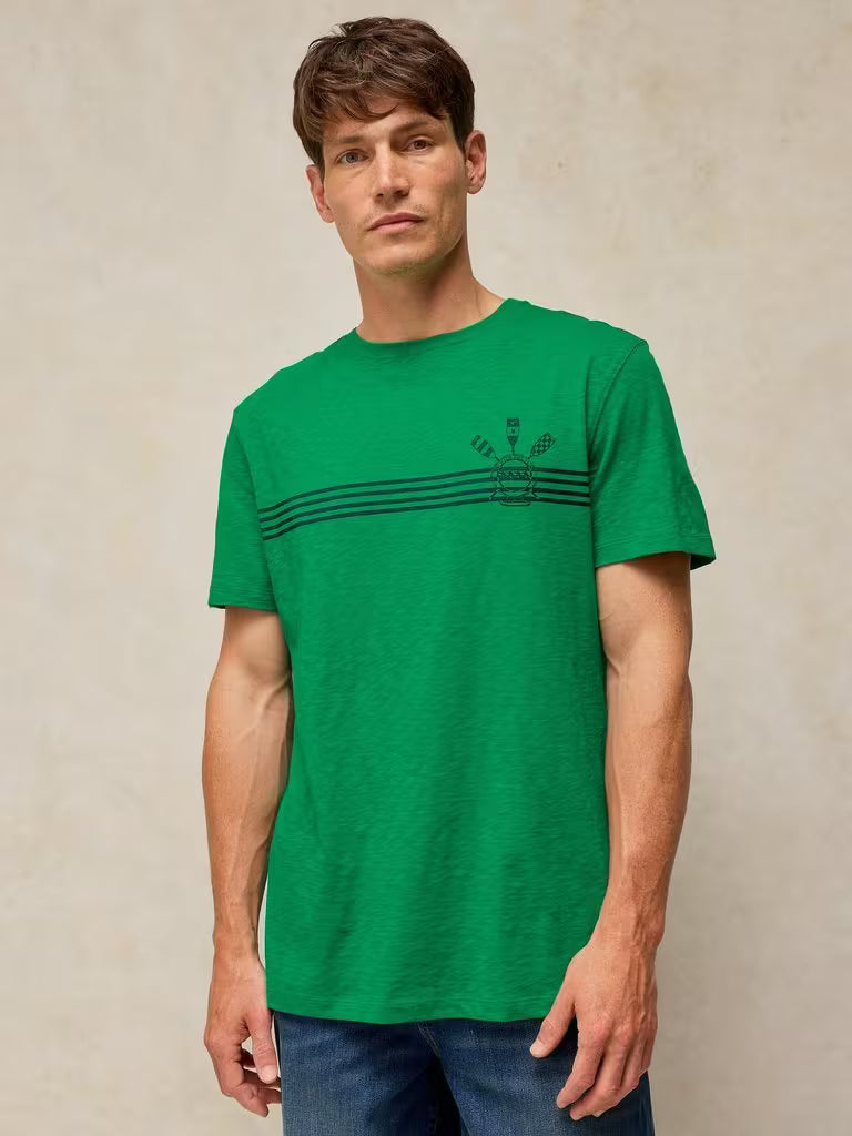 White Stuff Abersoch Graphic Tee Green Print. Men's Crew Neck with Short Sleeve that's Regular Fit and Machine Washable. 100% Cotton