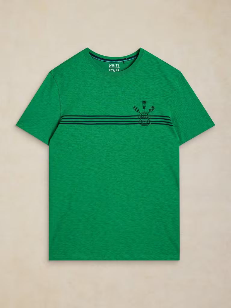 White Stuff Abersoch Graphic Tee Green Print. Men's Crew Neck with Short Sleeve that's Regular Fit and Machine Washable. 100% Cotton