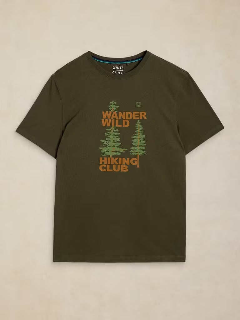 White Stuff Abersoch Graphic Tee Green Print. Mens tee with Crew Neck and Short Sleeve that's Regular Fit and Machine Washable. Material: 95% Cotton & 5% Viscose