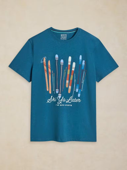 White Stuff Abersoch Graphic Tee Teal Print. Mens Crew Neck t-shirt with Short Sleeve that's Regular Fit and Machine Washable. Material: 95% Cotton & 5% Viscose Style Code: 446855