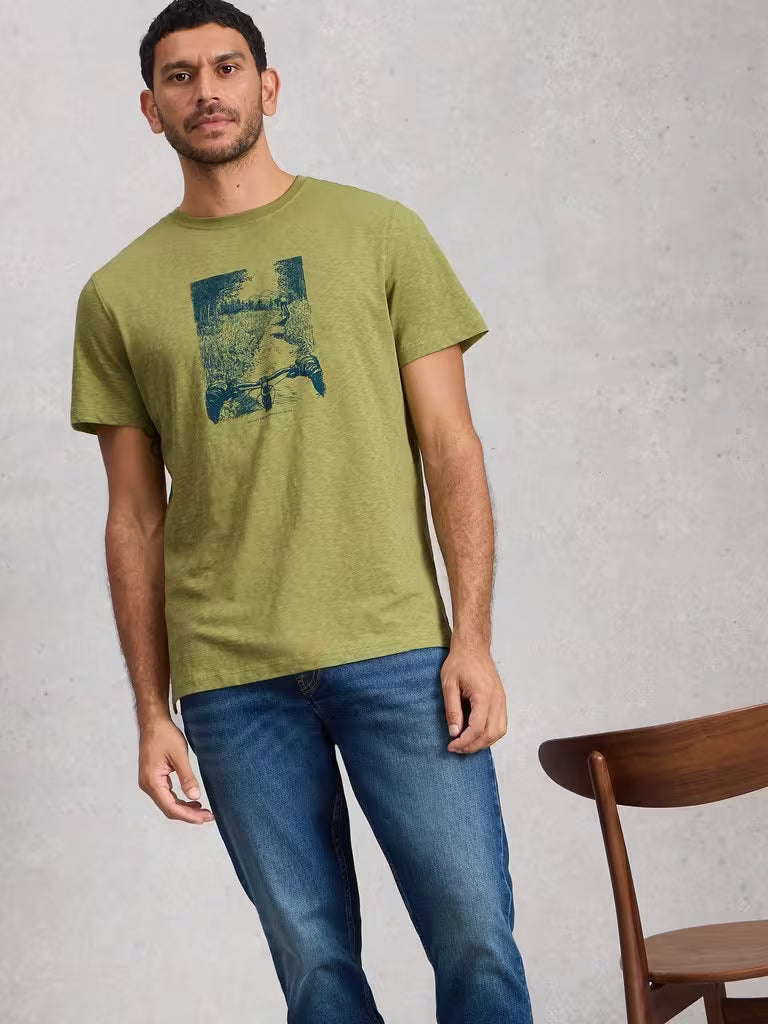 White Stuff Abersoch Nature Graphic Tee Green mens Crew Neck with Short Sleeve and Regular Fit that's Machine Washable Colour: Green