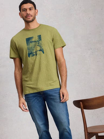 White Stuff Abersoch Nature Graphic Tee Green mens Crew Neck with Short Sleeve and Regular Fit that's Machine Washable Colour: Green