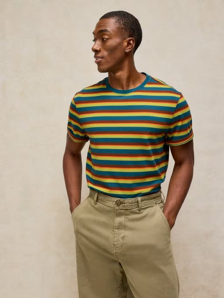 White Stuff Abersoch Stripe Tee Brown Multi men's Crew Neck t-shirt with Short Sleeve a Classic Fit and Machine Washable. Material: 100% Cotton