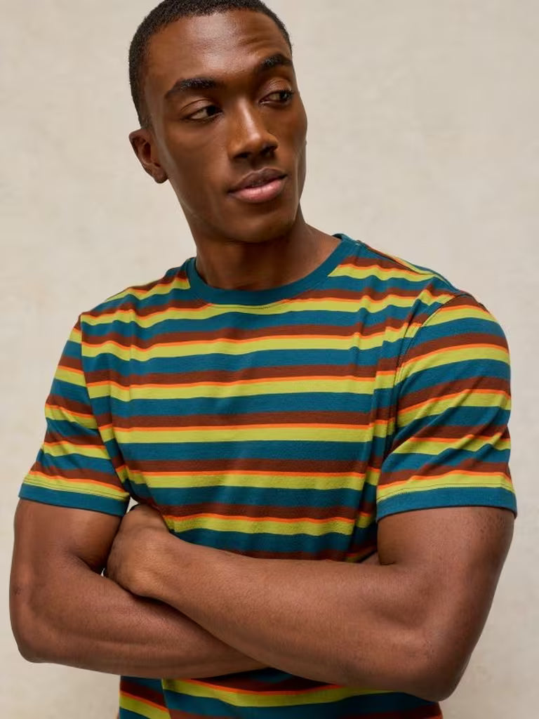 White Stuff Abersoch Stripe Tee Brown Multi men's Crew Neck t-shirt with Short Sleeve a Classic Fit and Machine Washable. Material: 100% Cotton