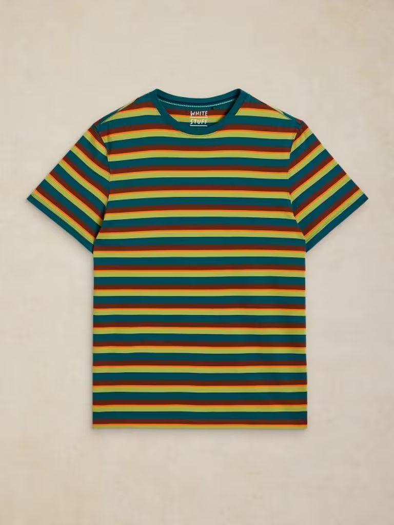White Stuff Abersoch Stripe Tee Brown Multi men's Crew Neck t-shirt with Short Sleeve a Classic Fit and Machine Washable. Material: 100% Cotton