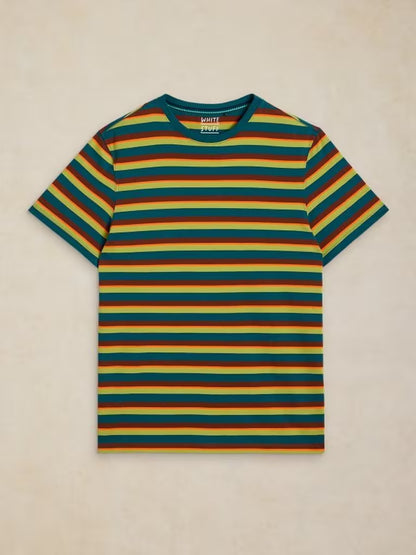 White Stuff Abersoch Stripe Tee Brown Multi men's Crew Neck t-shirt with Short Sleeve a Classic Fit and Machine Washable. Material: 100% Cotton
