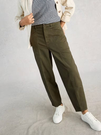 White Stuff Aubrey Barrel Trouser Khaki Green women's Relaxed fit that's Ankle Length and Machine Washable Colour: Khaki Green Material: 60% Recycled Cotton & 40% Organic Cotton Style Code: 445090