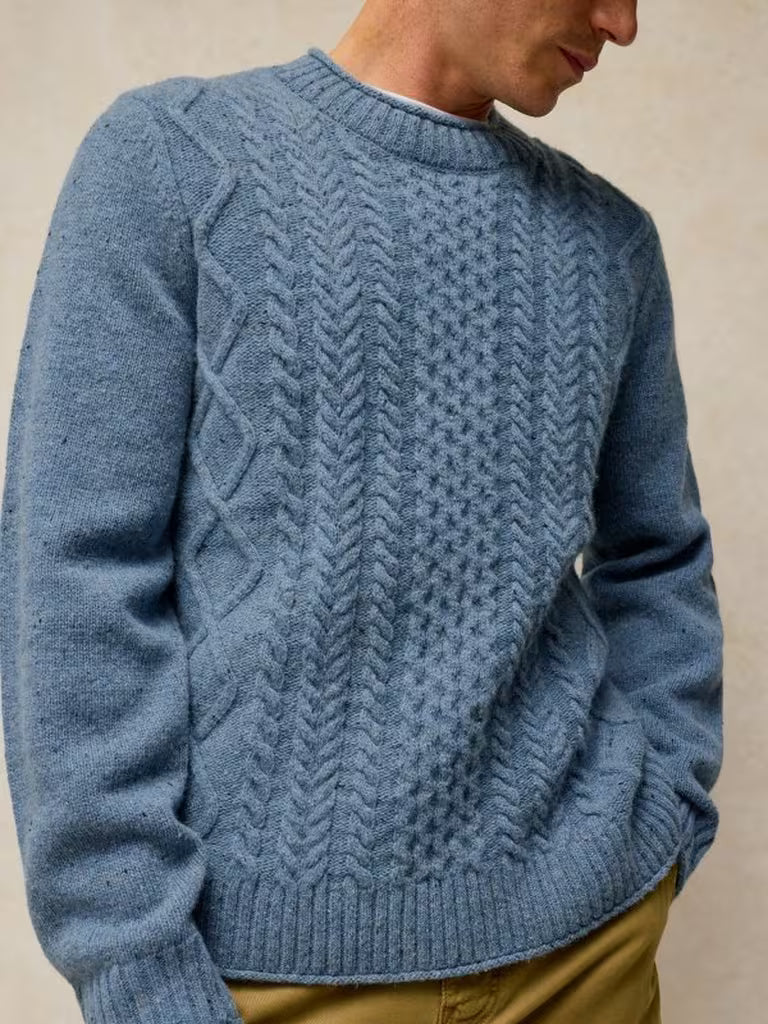 White Stuff Berkley Cable Crew Jumper Blue Multi. Men's Crew Neck sweater with Long Sleeve that's Regular Fit and Machine Washable. Material: 80% Lambswool 20% Nylon