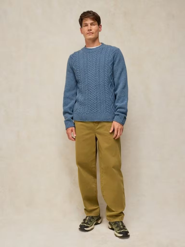 White Stuff Berkley Cable Crew Jumper Blue Multi. Men's Crew Neck sweater with Long Sleeve that's Regular Fit and Machine Washable. Material: 80% Lambswool 20% Nylon