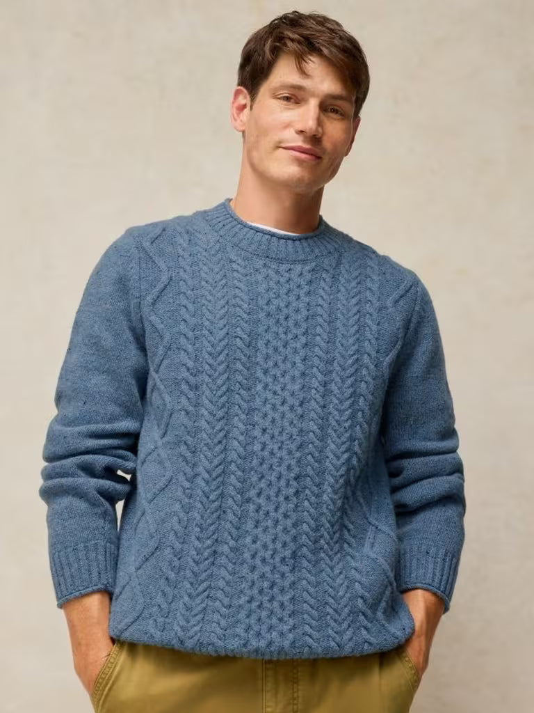 White Stuff Berkley Cable Crew Jumper Blue Multi. Men's Crew Neck sweater with Long Sleeve that's Regular Fit and Machine Washable. Material: 80% Lambswool 20% Nylon