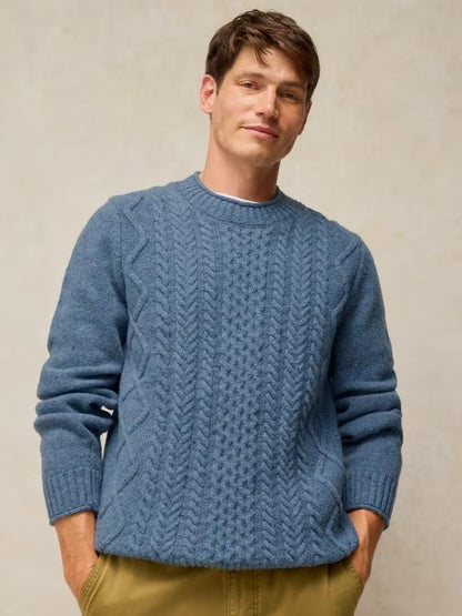 White Stuff Berkley Cable Crew Jumper Blue Multi. Men's Crew Neck sweater with Long Sleeve that's Regular Fit and Machine Washable. Material: 80% Lambswool 20% Nylon