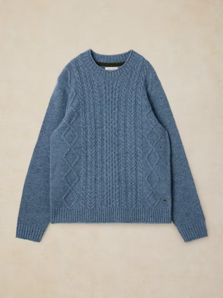 White Stuff Berkley Cable Crew Jumper Blue Multi. Men's Crew Neck sweater with Long Sleeve that's Regular Fit and Machine Washable. Material: 80% Lambswool 20% Nylon