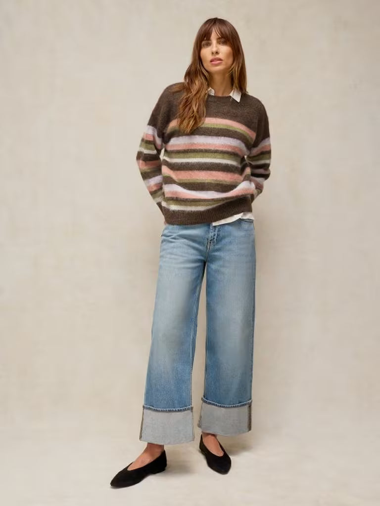 White Stuff Blurred Stripe Jumper Brown. Women's Crew Neck jumper with Long Sleeve that Machine Washable. Material: 84% Recycled polyester, 14% Acrylic & 2% Elastane Style
